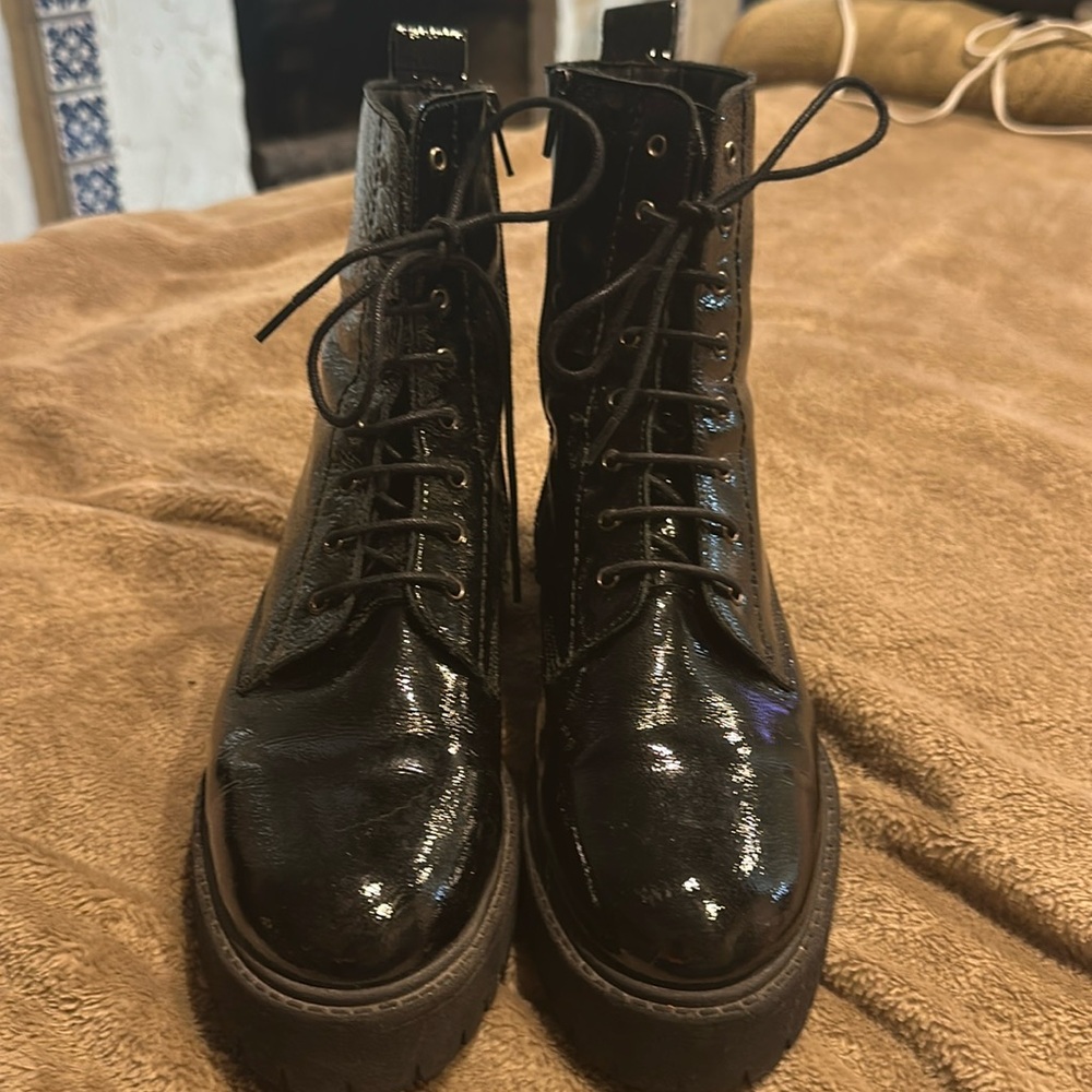 Anthropologie Pilcro black patent leather stumpy boots. Size 40 (US 8.5).